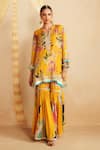 Rainas_Yellow Satin, Organza Sequins, Zari, Meadowfall Printed Kaftan Kurta Sharara Set _Online_at_Aza_Fashions