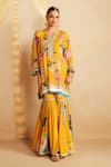 Buy_Rainas_Yellow Satin, Organza Sequins, Zari, Meadowfall Printed Kaftan Kurta Sharara Set _Online_at_Aza_Fashions