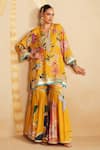 Buy_Rainas_Yellow Satin, Organza Sequins, Zari, Meadowfall Printed Kaftan Kurta Sharara Set 
