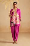 Rainas_Pink Satin Embroidery, Zari, Stones Split Floral Printed Kurta And Dhoti Pant Set _Online_at_Aza_Fashions