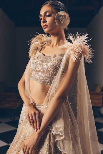 PRAVALIKA KOLA_Organza, Net Sequins, Beads, Stones Sweetheart Lana Embellished Cape Lehenga Set _Online_at_Aza_Fashions