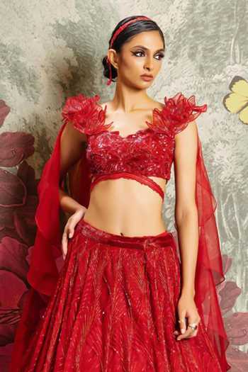 PRAVALIKA KOLA_Red Organza Embroidery, Sequins, Zari Valentina Embellished Lehenga Set _Online_at_Aza_Fashions