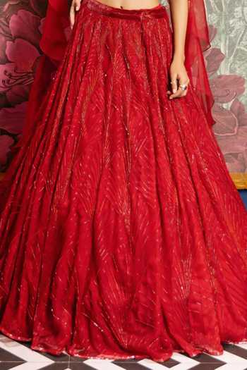 Buy_PRAVALIKA KOLA_Red Organza Embroidery, Sequins, Zari Valentina Embellished Lehenga Set _Online_at_Aza_Fashions