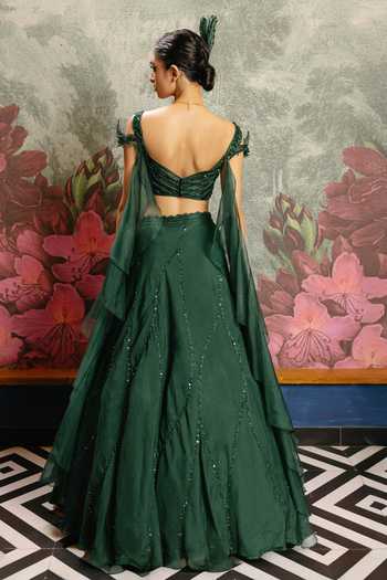 Shop_PRAVALIKA KOLA_Emerald Green Organza Embroidery, Sequins, Fabric Dahila Embellished Lehenga Set _at_Aza_Fashions