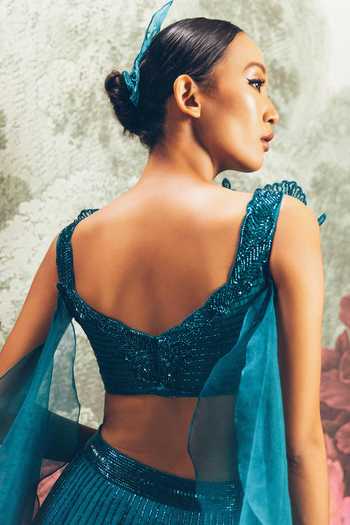 Shop_Pravalika Kola_Blue Organza Embroidery, Sequins, Beads, Fiorina Embellished Lehenga Set _at_Aza_Fashions