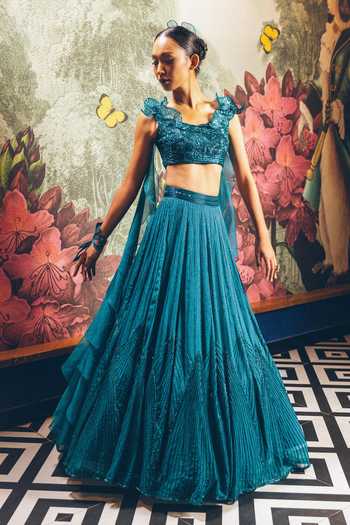 Shop_Pravalika Kola_Blue Organza Embroidery, Sequins, Beads, Fiorina Embellished Lehenga Set _Online_at_Aza_Fashions