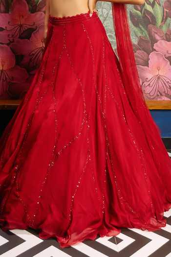 PRAVALIKA KOLA_Red Organza Embroidery, Sequins, Fabric Valora Embellished Lehenga With Blouse _Online_at_Aza_Fashions