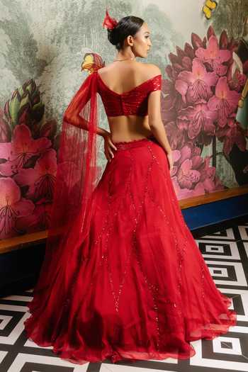 Shop_PRAVALIKA KOLA_Red Organza Embroidery, Sequins, Fabric Valora Embellished Lehenga With Blouse _at_Aza_Fashions