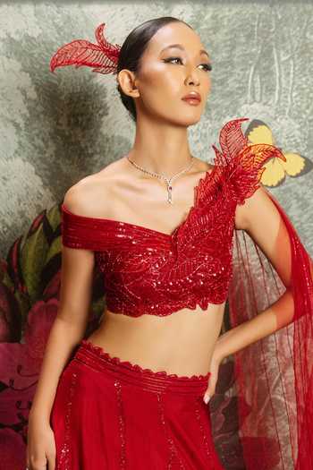 Buy_PRAVALIKA KOLA_Red Organza Embroidery, Sequins, Fabric Valora Embellished Lehenga With Blouse _Online_at_Aza_Fashions