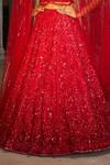 PRAVALIKA KOLA_Red Organza, Net Sequins, Beads, Pearls, Ruby Majeste Embellished Lehenga Set _Online_at_Aza_Fashions