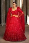 Buy_PRAVALIKA KOLA_Red Organza, Net Sequins, Beads, Pearls, Ruby Majeste Embellished Lehenga Set _at_Aza_Fashions