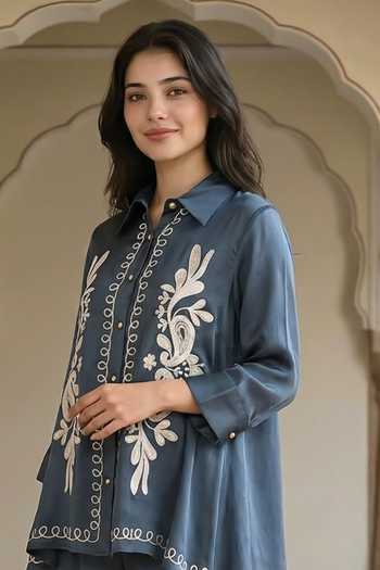 Seams Pret And Couture_Blue Satin, Modal Embroidery Collared Nooreya Kurta And Pant Set _Online_at_Aza_Fashions