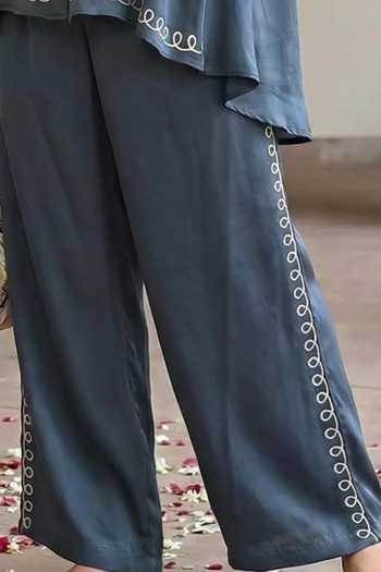 Buy_Seams Pret And Couture_Blue Satin, Modal Embroidery Collared Nooreya Kurta And Pant Set _Online_at_Aza_Fashions