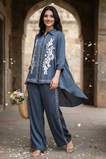 Buy_Seams Pret And Couture_Blue Satin, Modal Embroidery Collared Nooreya Kurta And Pant Set _at_Aza_Fashions