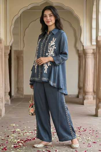 Shop_Seams Pret And Couture_Blue Satin, Modal Embroidery Collared Nooreya Kurta And Pant Set _at_Aza_Fashions