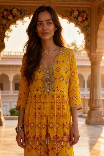 Shop_Seams Pret And Couture_Yellow Georgette, Shantoon Embroidery, Mirrors Preet Naqsh Kurta With Sharara _at_Aza_Fashions