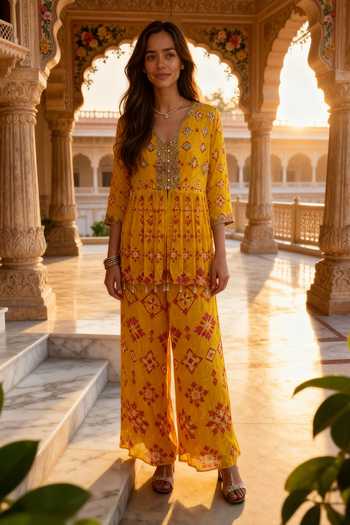 Buy_Seams Pret And Couture_Yellow Georgette, Shantoon Embroidery, Mirrors Preet Naqsh Kurta With Sharara _at_Aza_Fashions