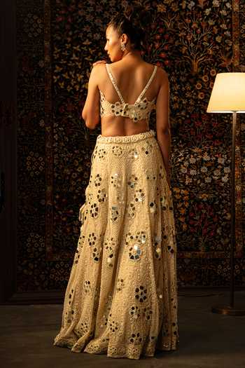 Shop_Vandana Sethi_Gold Pearlwork Embellished Chikankari Lehenga With Blouse And Dupatta Set _at_Aza_Fashions