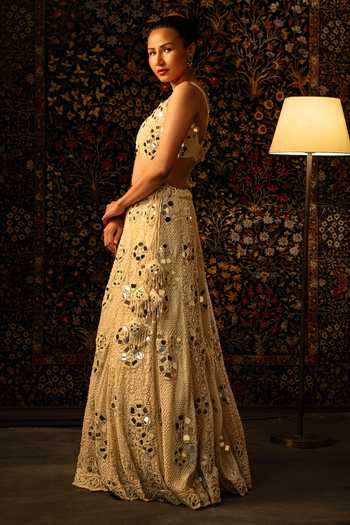 Vandana Sethi_Gold Pearlwork Embellished Chikankari Lehenga With Blouse And Dupatta Set _at_Aza_Fashions