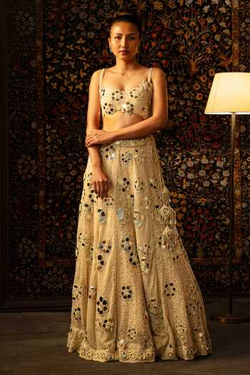 Buy_Vandana Sethi_Gold Pearlwork Embellished Chikankari Lehenga With Blouse And Dupatta Set _at_Aza_Fashions