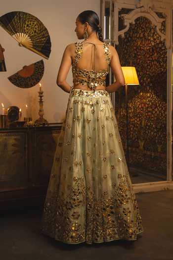 Shop_Vandana Sethi_Green Organza Mirrors Sweetheart Neck Work Lehenga Set With Dupatta _at_Aza_Fashions
