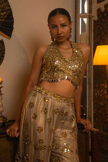 Vandana Sethi_Gold Organza Mirrors Halter Neck Work Sharara Set With Blouse And Dupatta _Online_at_Aza_Fashions
