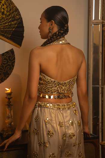 Shop_Vandana Sethi_Gold Organza Mirrors Halter Neck Work Sharara Set With Blouse And Dupatta _at_Aza_Fashions