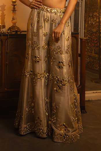 Shop_Vandana Sethi_Gold Organza Mirrors Halter Neck Work Sharara Set With Blouse And Dupatta _Online_at_Aza_Fashions