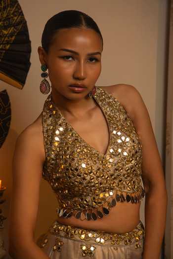Vandana Sethi_Gold Organza Mirrors Halter Neck Work Sharara Set With Blouse And Dupatta _at_Aza_Fashions