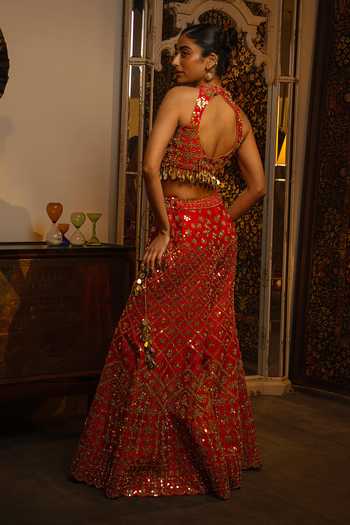 Shop_Vandana Sethi_Gold Dupion Mirrors V-neck Work Silk Sharara Set _at_Aza_Fashions