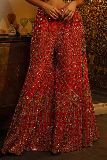 Vandana Sethi_Gold Dupion Mirrors V-neck Work Silk Sharara Set _Online_at_Aza_Fashions