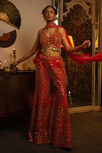 Buy_Vandana Sethi_Gold Dupion Mirrors V-neck Work Silk Sharara Set _at_Aza_Fashions