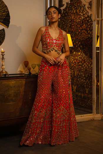 Buy_Vandana Sethi_Gold Dupion Mirrors V-neck Work Silk Sharara Set _Online_at_Aza_Fashions