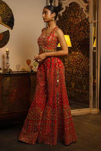 Shop_Vandana Sethi_Gold Dupion Mirrors V-neck Work Silk Sharara Set _Online_at_Aza_Fashions