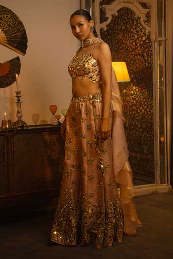 Buy_Vandana Sethi_Pink Organza Mirrors Square Neck Work Sharara Set _Online_at_Aza_Fashions