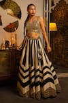 Buy_Vandana Sethi_Black Silk Sequins, Zari Sweetheart Neck Striped And Chevron Pattern Lehenga Set 