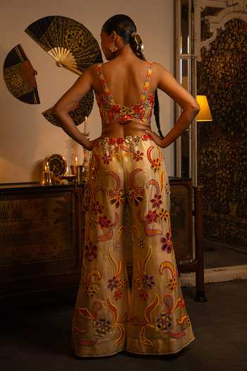 Shop_Vandana Sethi_Gold Organza Beads Square Neck Blouse And Sharara Set _at_Aza_Fashions