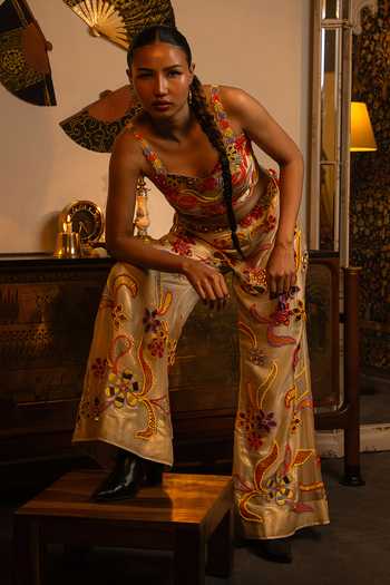 Vandana Sethi_Gold Organza Beads Square Neck Blouse And Sharara Set _Online_at_Aza_Fashions