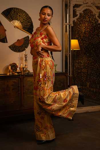 Buy_Vandana Sethi_Gold Organza Beads Square Neck Blouse And Sharara Set _Online_at_Aza_Fashions