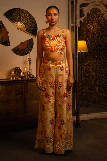 Shop_Vandana Sethi_Gold Organza Beads Square Neck Blouse And Sharara Set _Online_at_Aza_Fashions