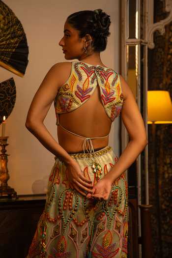 Shop_Vandana Sethi_Multi Color Organza Beads High Neck Sharara Set With Blouse And Dupatta _at_Aza_Fashions