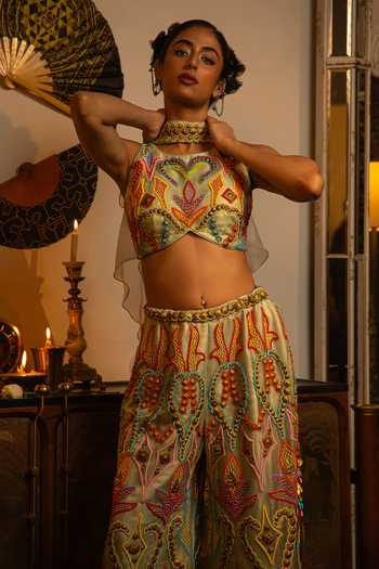 Vandana Sethi_Multi Color Organza Beads High Neck Sharara Set With Blouse And Dupatta _Online_at_Aza_Fashions