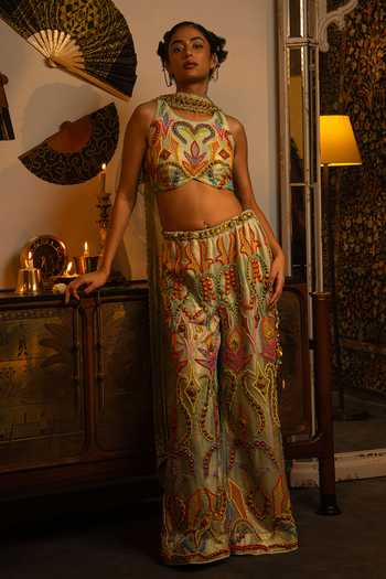 Buy_Vandana Sethi_Multi Color Organza Beads High Neck Sharara Set With Blouse And Dupatta _at_Aza_Fashions