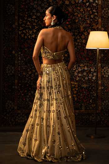 Shop_Vandana Sethi_Gold Silk Mirrors V-neck Work Raw Lehenga Set _at_Aza_Fashions
