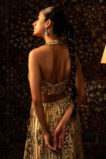 Vandana Sethi_Gold Silk Mirrors V-neck Work Raw Lehenga Set _Online_at_Aza_Fashions