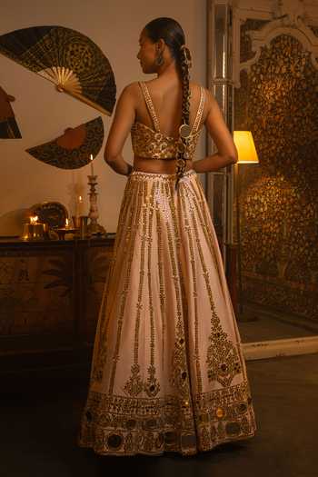 Shop_Vandana Sethi_Pink Dupion, Silk Mirrors Square Neck Work Lehenga Set _at_Aza_Fashions
