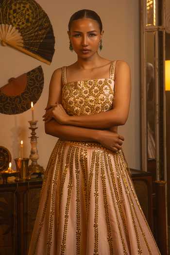 Vandana Sethi_Pink Dupion, Silk Mirrors Square Neck Work Lehenga Set _Online_at_Aza_Fashions