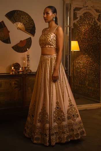 Buy_Vandana Sethi_Pink Dupion, Silk Mirrors Square Neck Work Lehenga Set _Online_at_Aza_Fashions