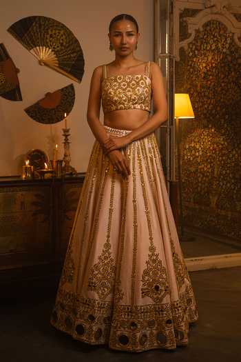 Shop_Vandana Sethi_Pink Dupion, Silk Mirrors Square Neck Work Lehenga Set _Online_at_Aza_Fashions
