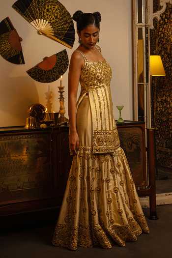 Vandana Sethi_Gold Dupion Sequins, Zari, Mirrors Silk Kurta Set With Sharara And Dupatta _Online_at_Aza_Fashions
